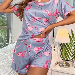 Flamingo Print Pajamas Set Pink and Blu Size M Women’s